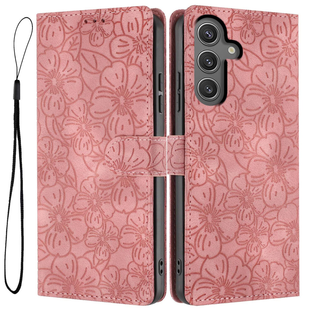 (Pink) For Samsung Galaxy S24 Fe Flip Case Cherry Blossom Pattern Leather Wallet Stand Phone Cover With Wrist Strap Pink,Red 6914290631094