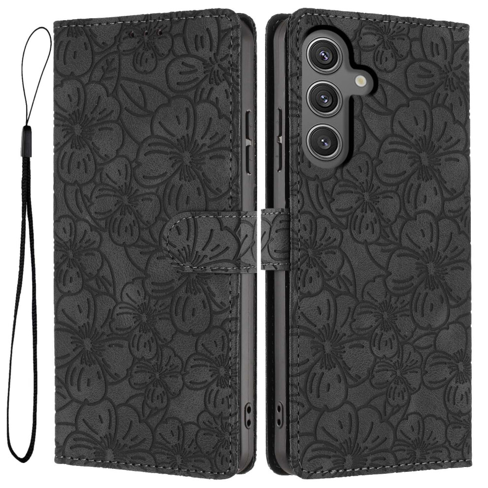 (Black) For Samsung Galaxy S24 Fe Flip Case Cherry Blossom Pattern Leather Wallet Stand Phone Cover With Wrist Strap Black,Red 6914295603201