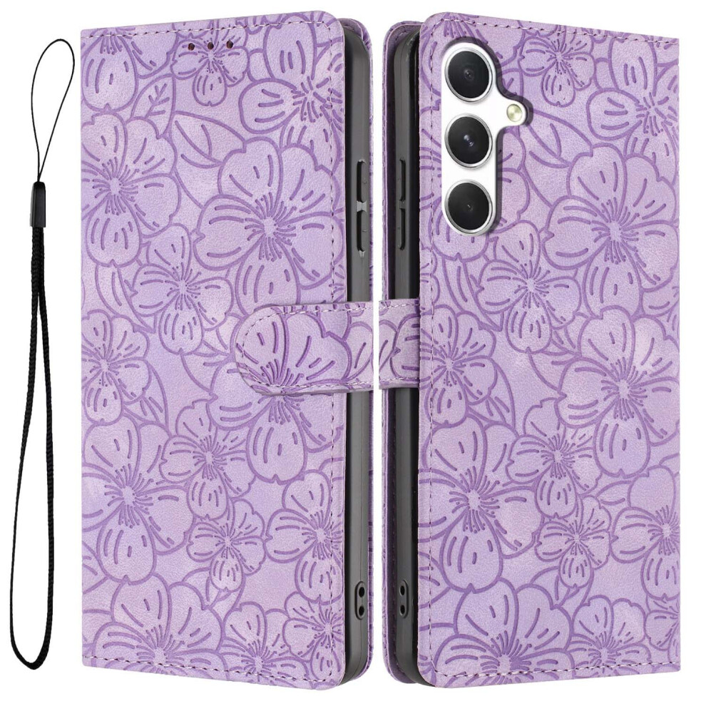(Purple) For Samsung Galaxy S25 Fe Flip Case Cherry Blossom Pattern Leather Wallet Stand Phone Cover With Wrist Strap Red,Purple 6914291464905