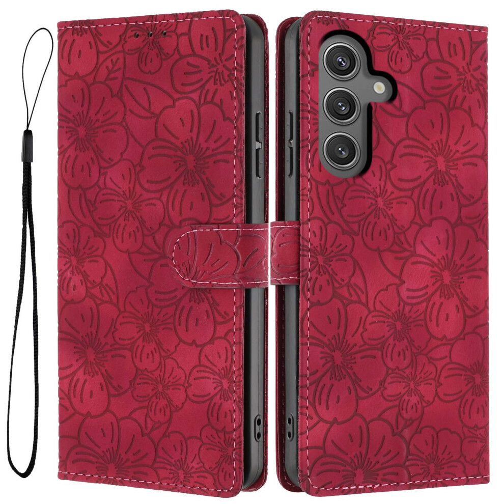 (Wine ) For Samsung Galaxy S24+ Flip Case Cherry Blossom Pattern Leather Wallet Stand Phone Cover With Wrist Strap Red 6914299162179
