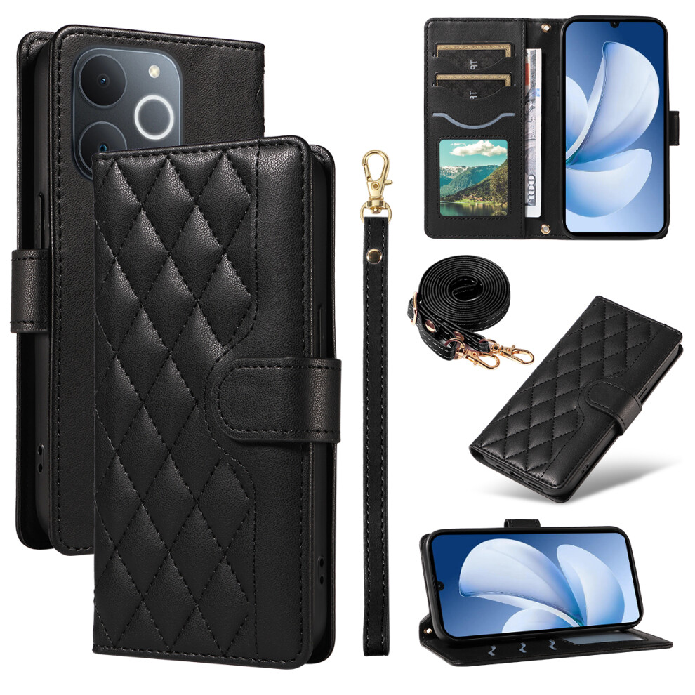 (Black) For Realme Narzo 80 Lite 4G / Realme Note 70T 4G / Realme Note 70 4G / Realme C71 4G (India) Wallet Case Rhombus Leather Black 6914295645294