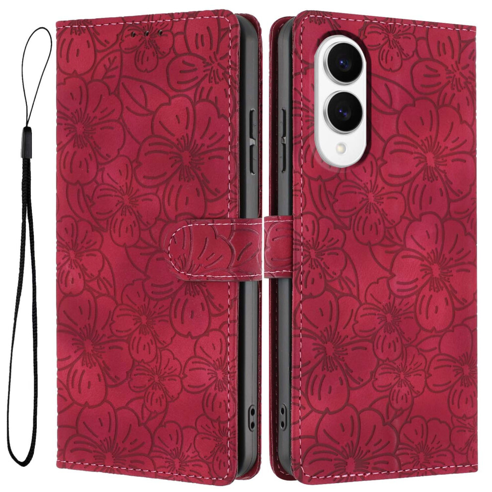 (Wine ) For Samsung Galaxy S25 Edge Flip Case Cherry Blossom Pattern Leather Wallet Stand Phone Cover With Wrist Strap Red 6914299158233