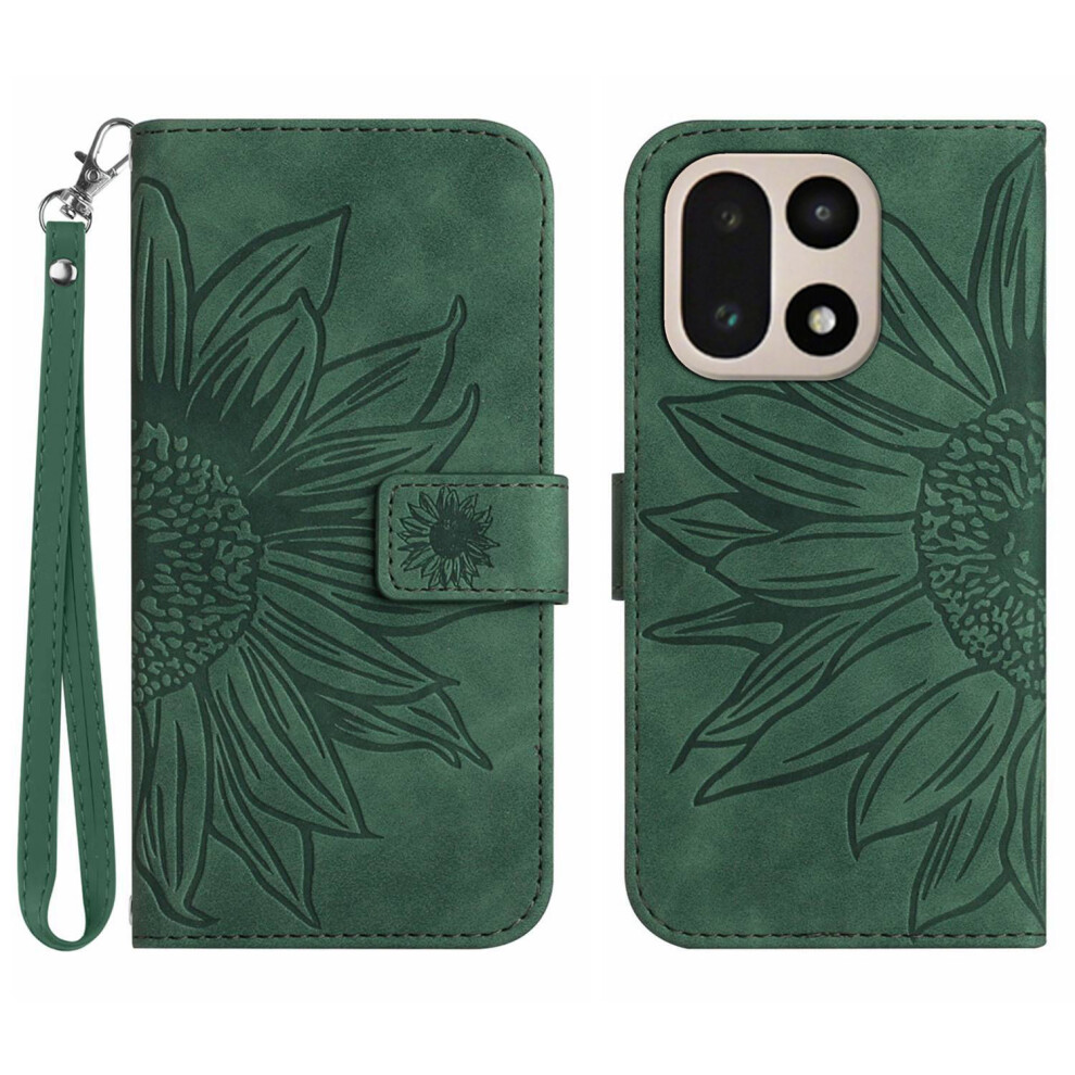 (Dark ) For Oneplus 15 5G Case Sunflower Imprint Leather Wallet Phone Cover With Wrist Strap Green 6914298382424