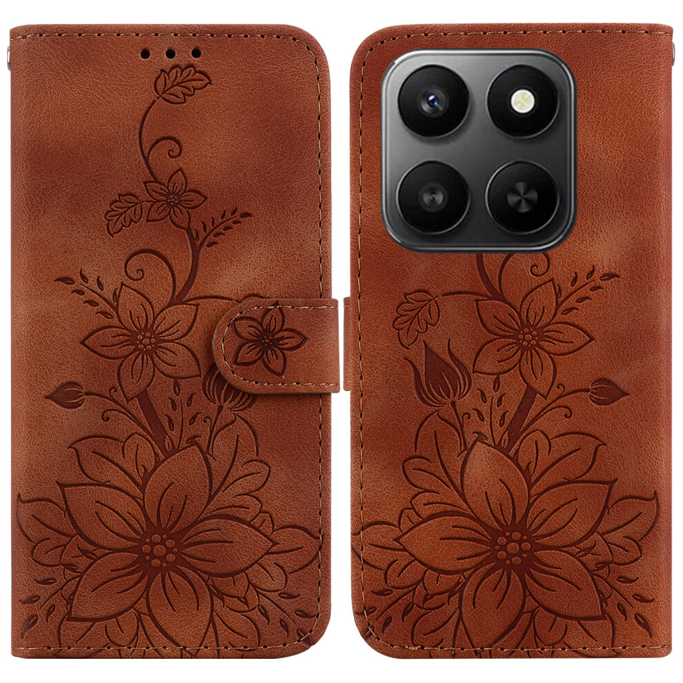 (Brown) For Honor 400 Smart 5G / 4G / X7d 4G Stand Case Lily Flower Imprint Leather Phone Cover With Wrist Strap Brown 6914292541629