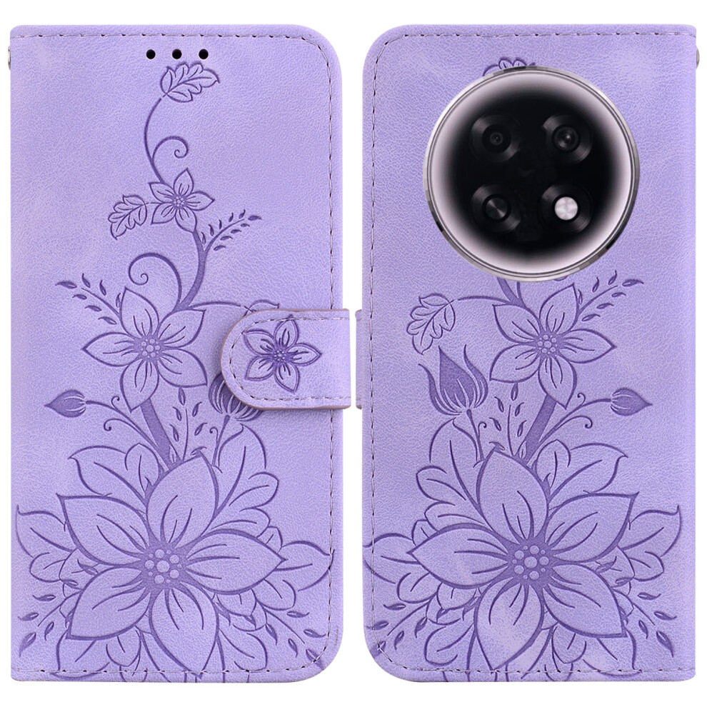 (Purple) For Oppo F31 Pro+ 5G / A6 Gt 5G Stand Case Lily Flower Imprint Leather Phone Cover With Wrist Strap Purple 6914297339863