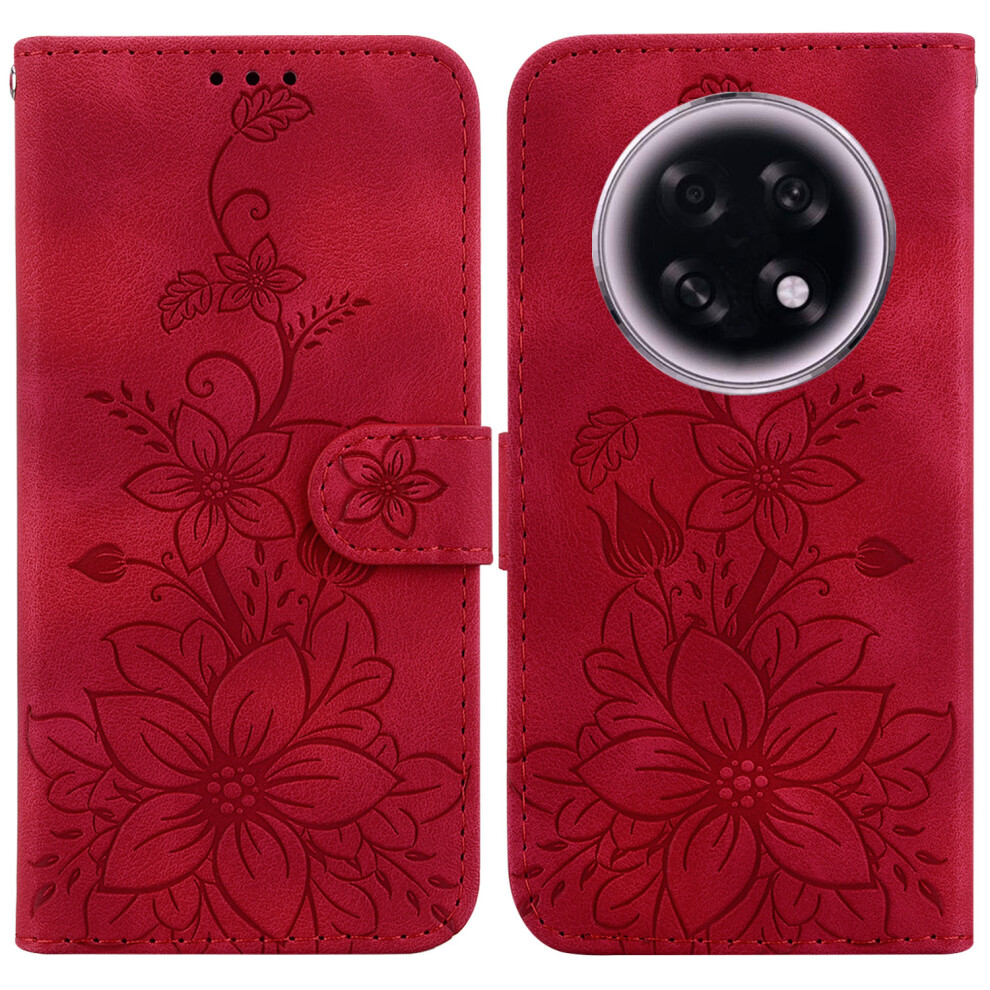 (Red) For Oppo F31 Pro+ 5G / A6 Gt 5G Stand Case Lily Flower Imprint Leather Phone Cover With Wrist Strap Red 6914291957636