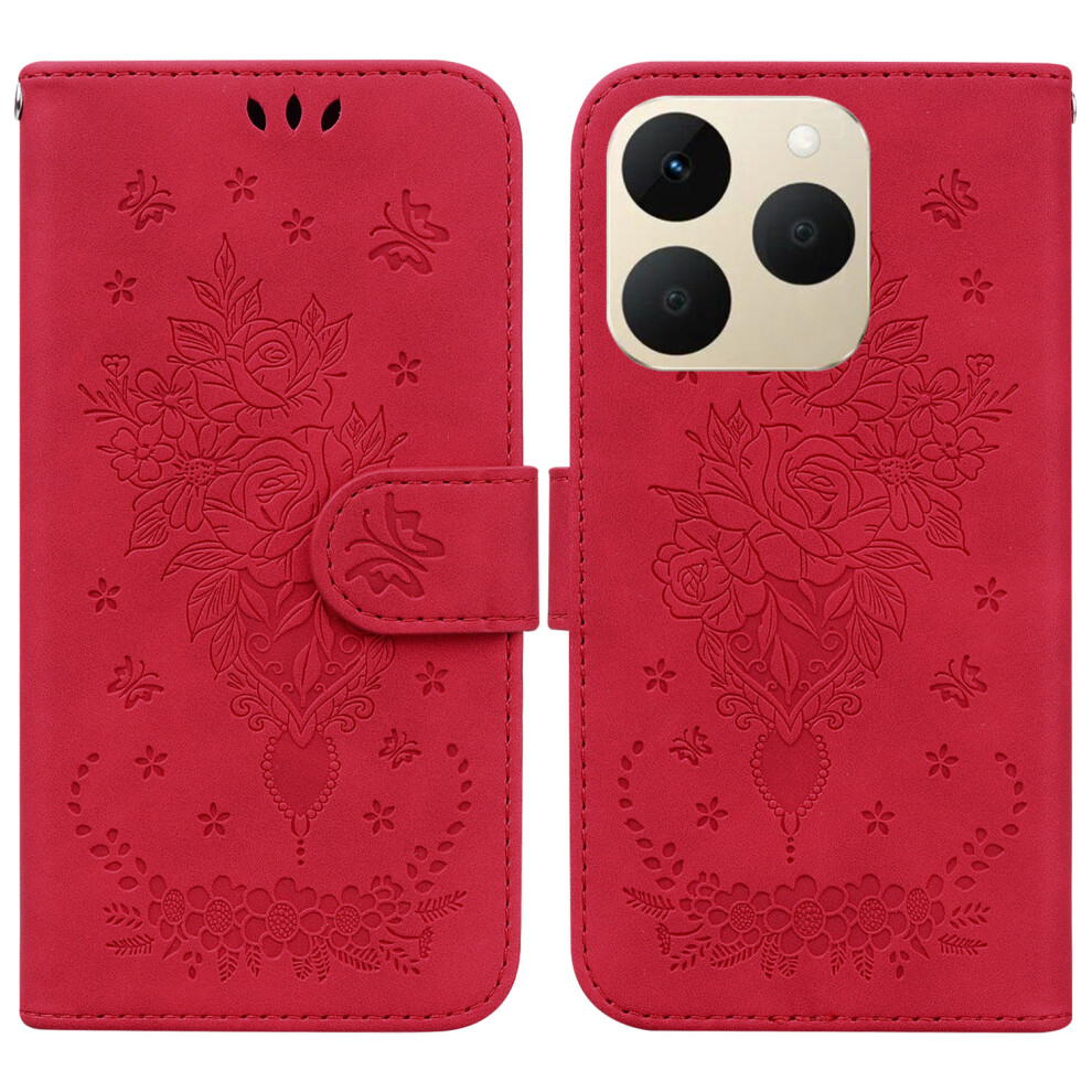 (Red) For Realme 15T 5G Case Butterfly Flower Imprint Pu Leather Wallet Phone Cover With Strap Red 6914291065720