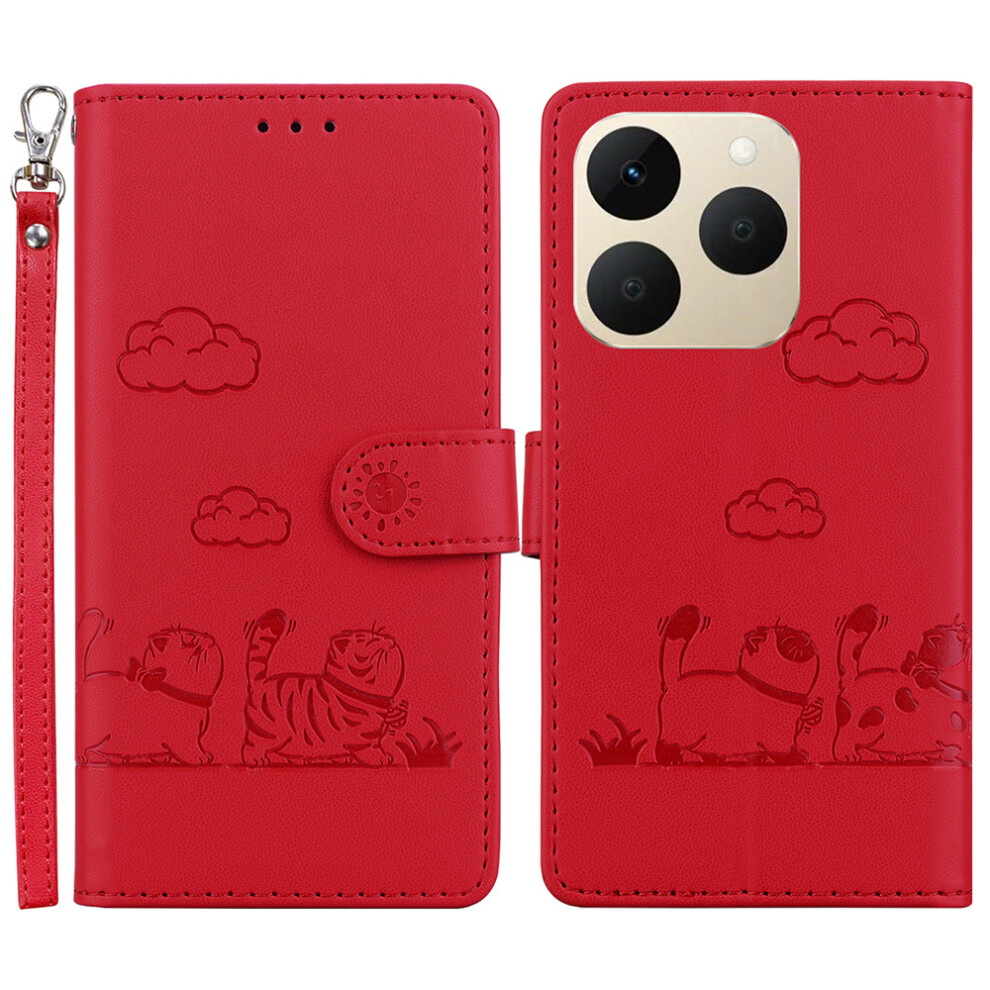 (Red) For Realme 15T 5G Case Rfid Blocking Kitten Pattern Tpu + Pu Leather Phone Cover With Wrist Strap Red 6914294096943