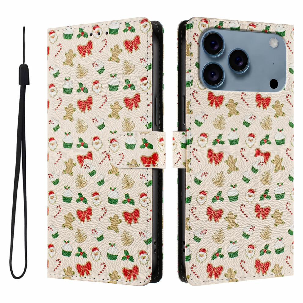 (Santa Claus) For Iphone 17 Pro Max Case Christmas Themed Pattern Printing Pu Leather Wallet Phone Cover With Wrist Strap 6914291308889