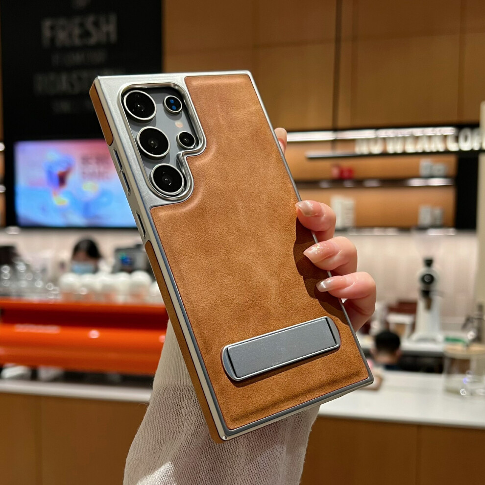 (Brown) For Samsung Galaxy S24 Ultra Case With Hidden Kickstand Leather + Pc + Tpu Matte Electroplated Phone Cover Brown 6914293730961