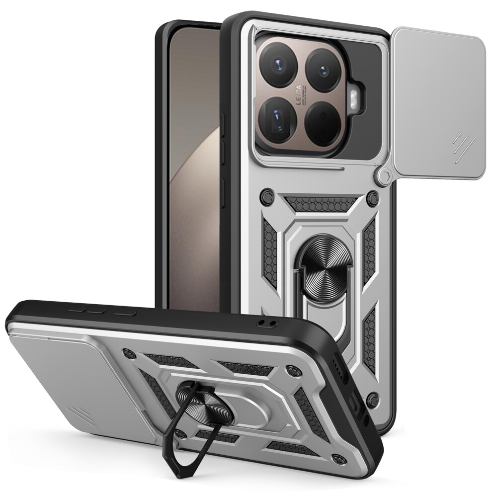 (Silver) Amorus For Xiaomi 15T Pro Case Kickstand Pc + Tpu Phone Cover With Camera Lens Slider Silver 6914299974703