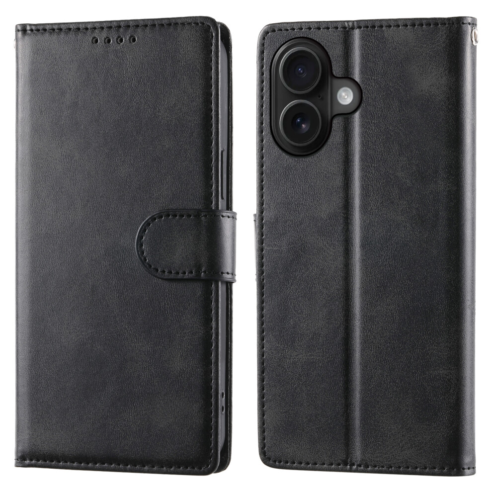 (Black) For Iphone 16 Case Stand Wallet Calf Texture Pu Leather Flip Phone Cover With Wrist Strap Black 6914290207442