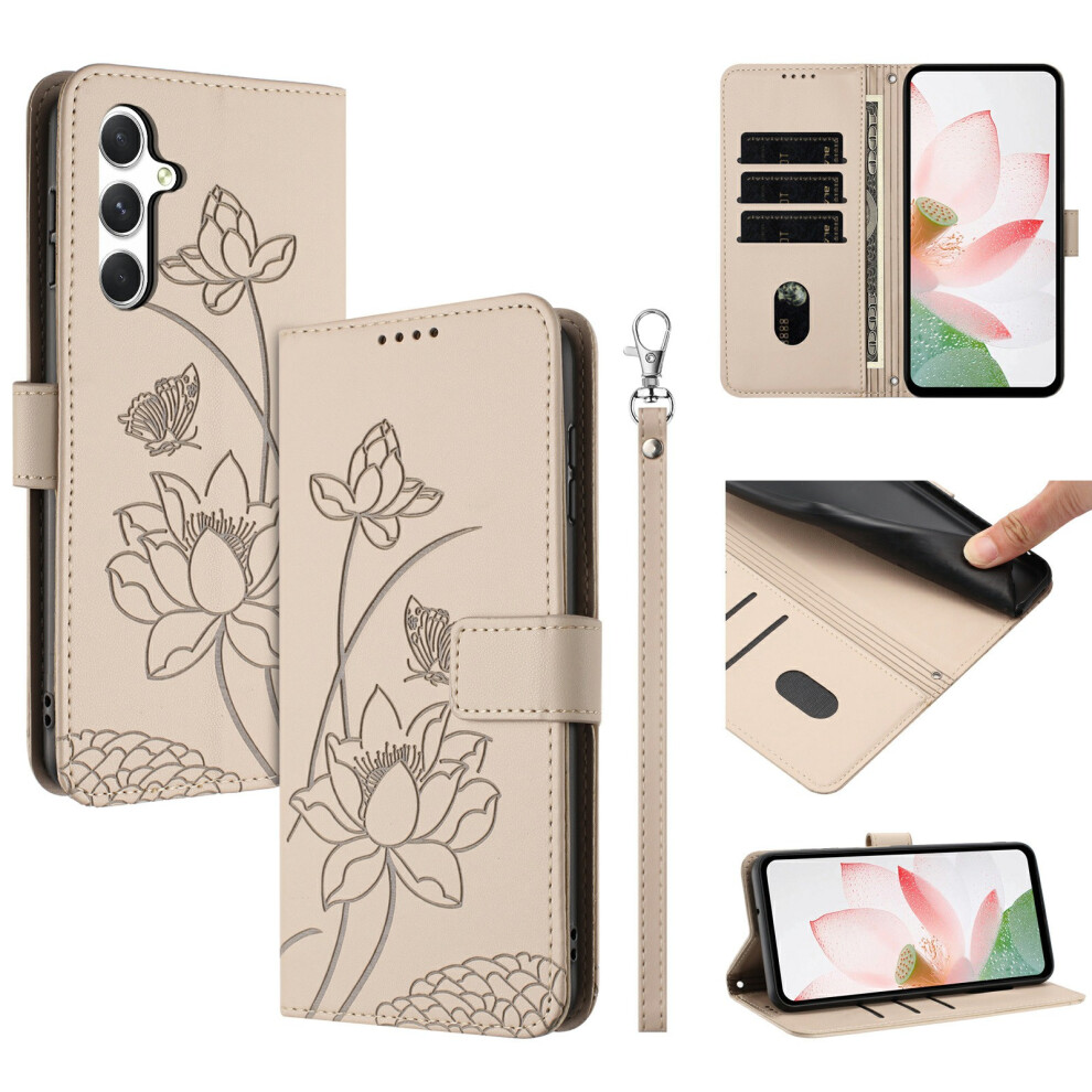 (Beige) Leather Case For Samsung Galaxy A26 5G / A17 5G / A17 4G / A16 5G / A16 4G Wallet Stand Lotus Imprint Phone Cove Cream 6914297591599