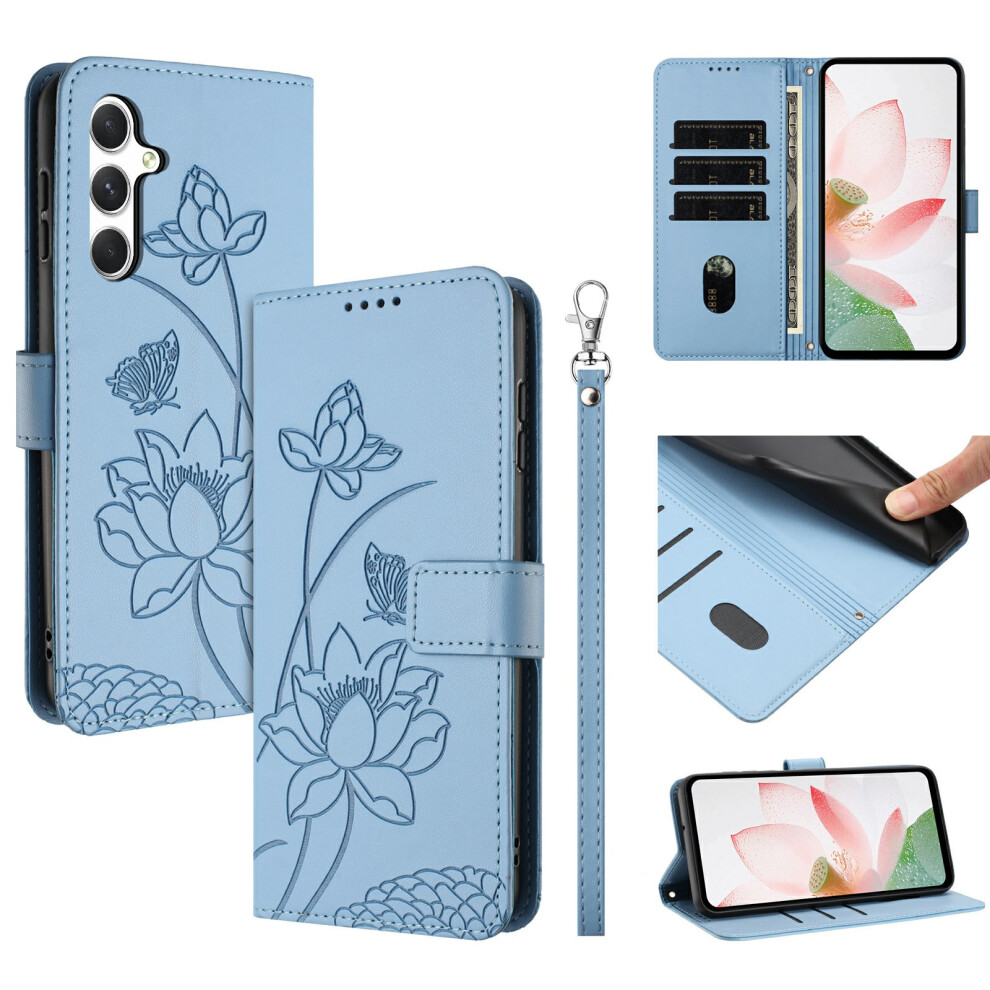 (Blue) Leather Case For Samsung Galaxy A26 5G / A17 5G / A17 4G / A16 5G / A16 4G Wallet Stand Lotus Imprint Phone Cove Blue 6914299670247