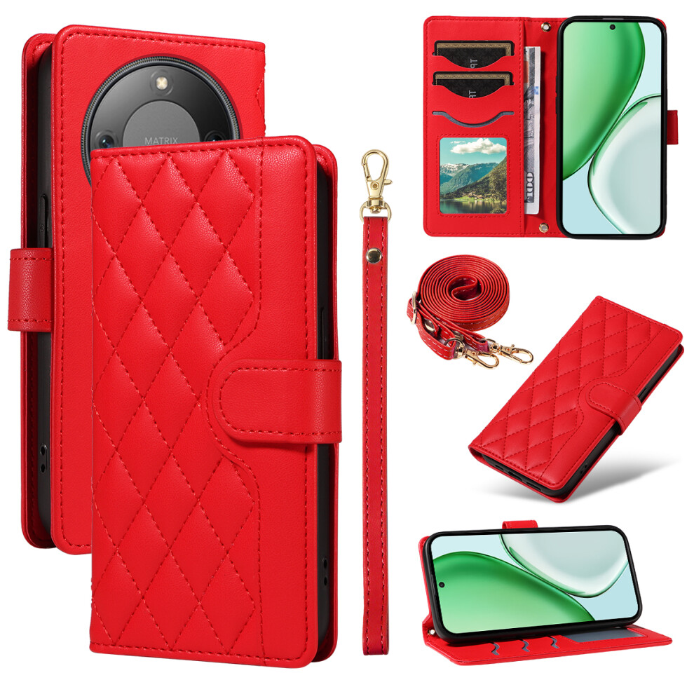 (Red) For Honor Magic8 Lite 5G / X9d 5G / X70 5G Wallet Case Rhombus Leather Phone Cover With Strap Red 6914296773064