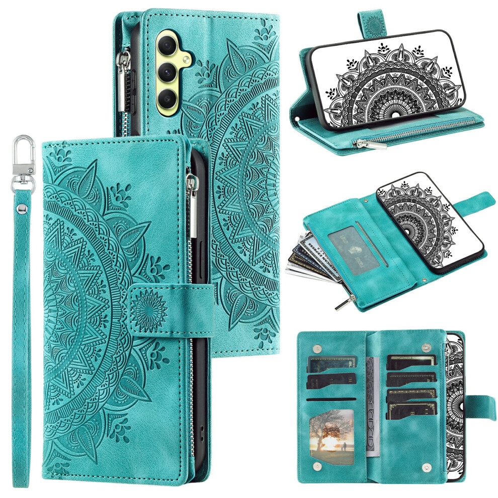 (Mint ) For Samsung Galaxy S26 Wallet Case Mandala Flower Pattern Pu Leather Phone Cover With Wrist Strap Green 6914295051439