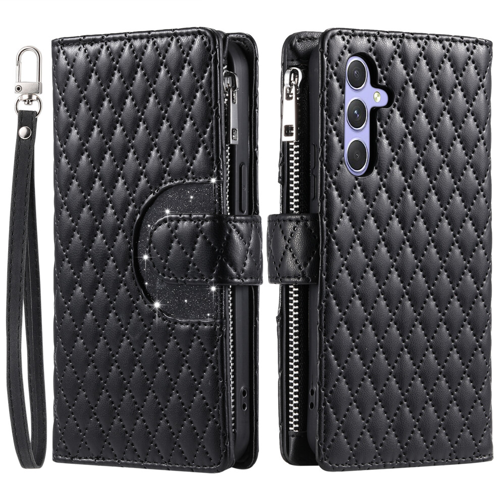 (Black) For Samsung Galaxy S26 Case Zipper Pocket Glitter Leather Phone Cover With Wrist Strap Black 6914296468960