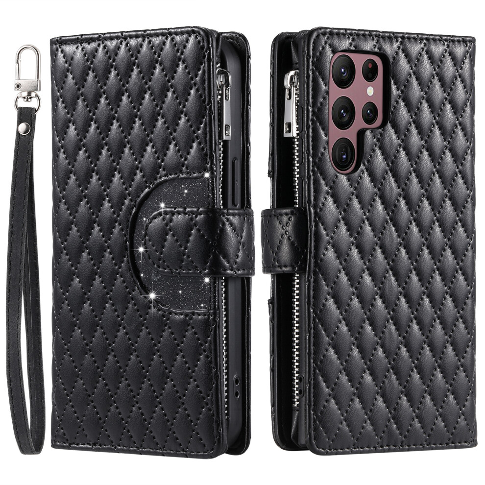 (Black) For Samsung Galaxy S26 Ultra Case Zipper Pocket Glitter Leather Phone Cover With Wrist Strap Black 6914297611419