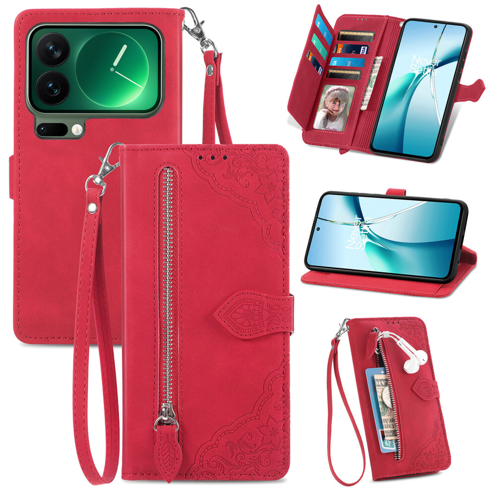 (Red) For Xiaomi 17 Pro Zipper Wallet Case With Strap Flower Imprint Pu Leather Phone Cover Red 6914291436261
