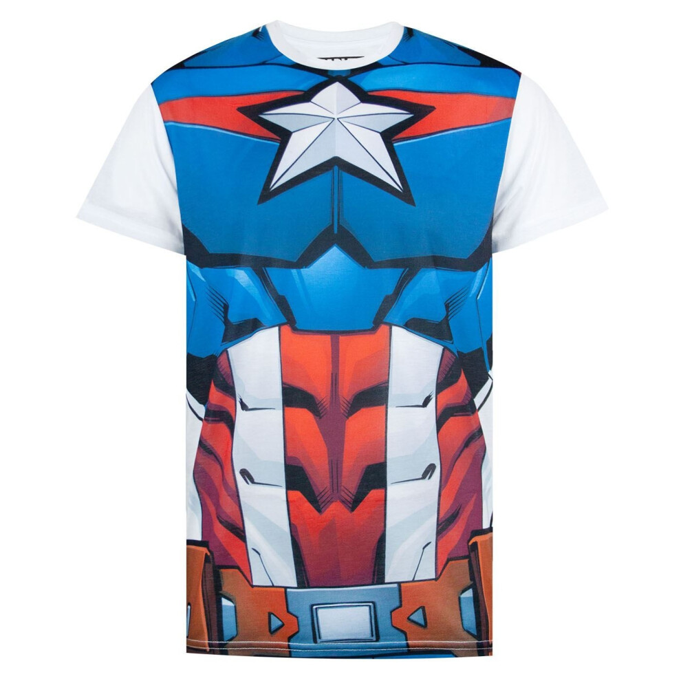 Captain America (M, White/Blue/Red) Mens Costume T-Shirt Blue