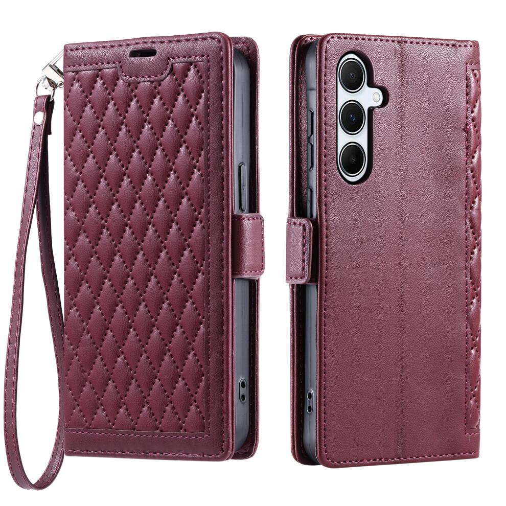 (Wine ) For Samsung Galaxy S26 Leather Case Rhombus Texture Wallet Stand Phone Cover With Wrist Strap Red 6914290551767