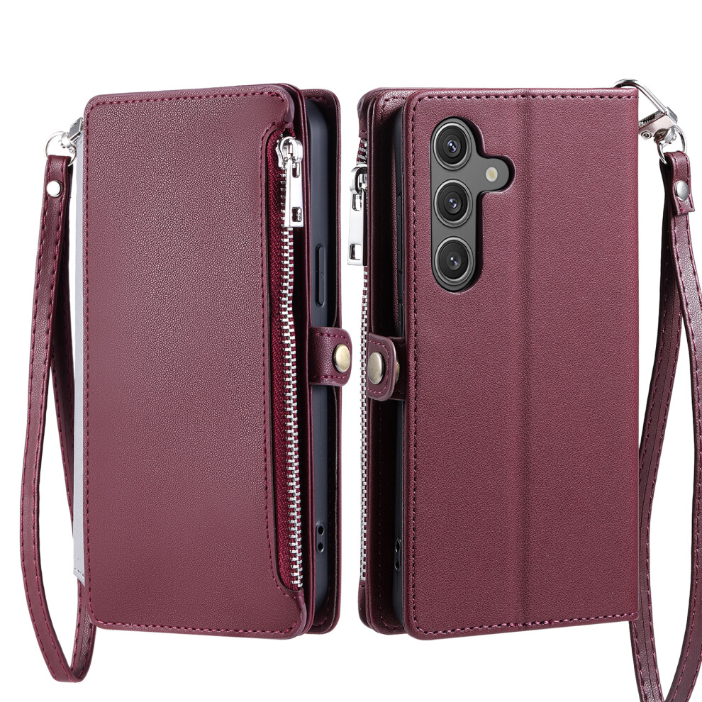 (Wine ) For Samsung Galaxy S26 Case Tpu + Pu Leather Wallet Phone Cover With Wrist Strap Red 6914297948843
