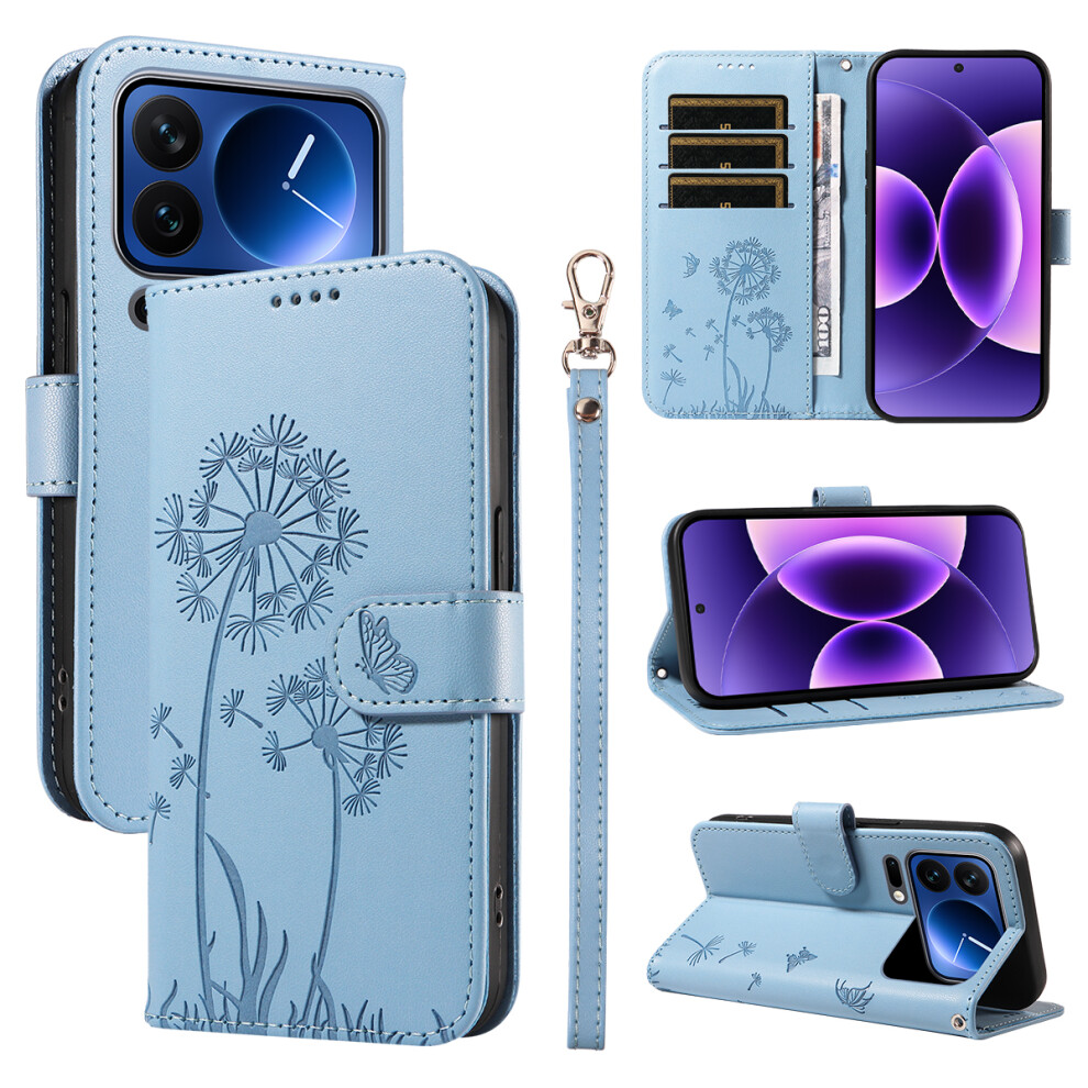 (Sky ) For Xiaomi 17 Pro Leather Wallet Case With Strap Dandelion Imprint Phone Stand Cover Blue 6914299060253