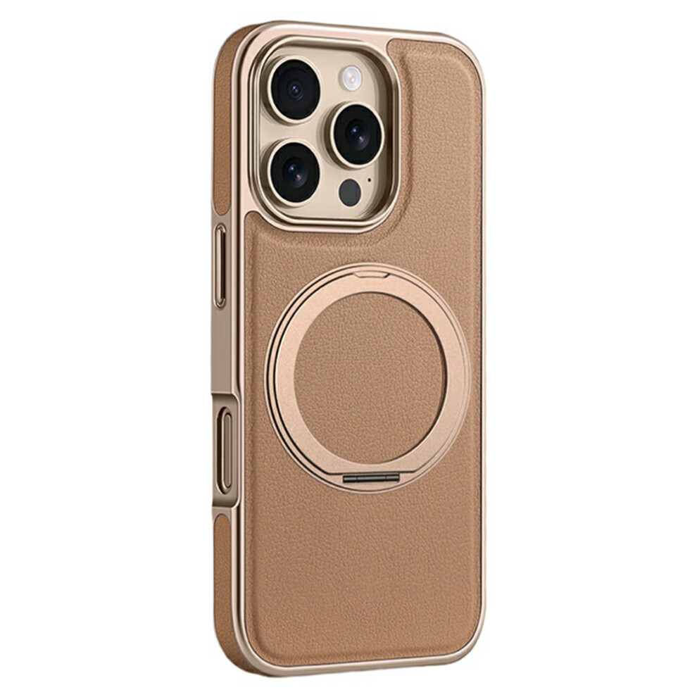 (Desert ) For Iphone 16 Pro Max Magnetic Case With Rotating Kickstand Leather + Pc + Tpu Electroplating Phone Cover Gold 6914297242415