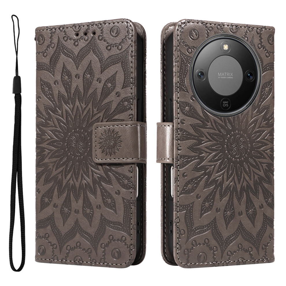 (Grey) For Honor Magic8 Lite 5G / X9d 5G / X70 5G Leather Wallet Case Sunflower Imprinted Phone Cover Grey 6914296438475