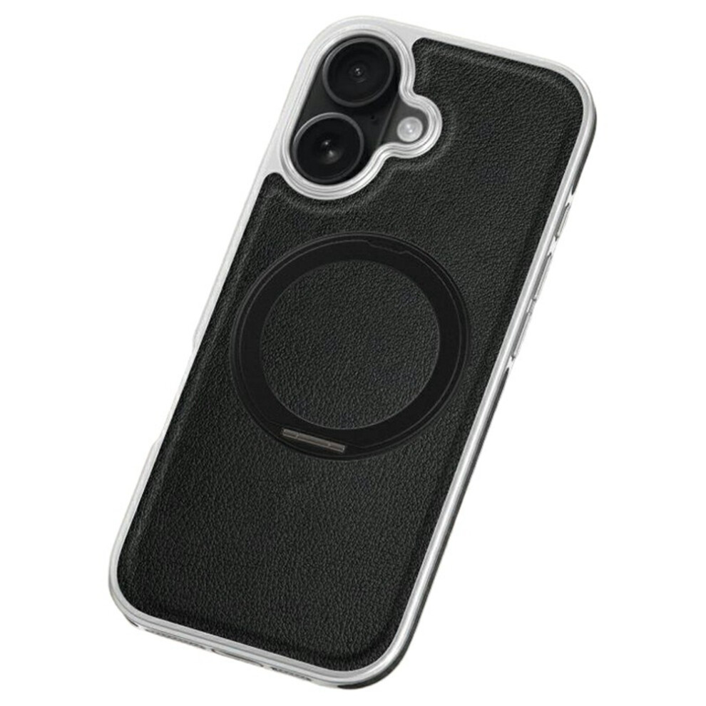 (Black) For Iphone 17 Magnetic Case With Rotating Kickstand Leather + Pc + Tpu Electroplating Phone Cover Black 6914294682436