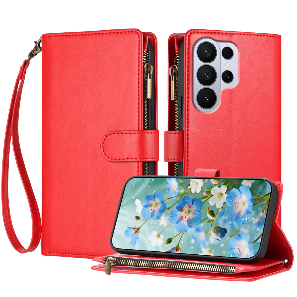 (Red) For Samsung Galaxy S26 Ultra Leather Case Zipper Wallet Stand Shockproof Phone Cover With Wrist Strap Red 6914291122560