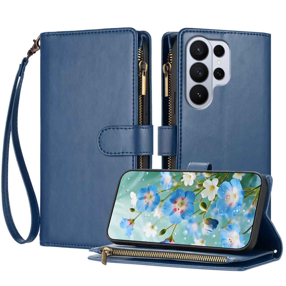 (Blue) For Samsung Galaxy S26 Ultra Leather Case Zipper Wallet Stand Shockproof Phone Cover With Wrist Strap Blue 6914294869288