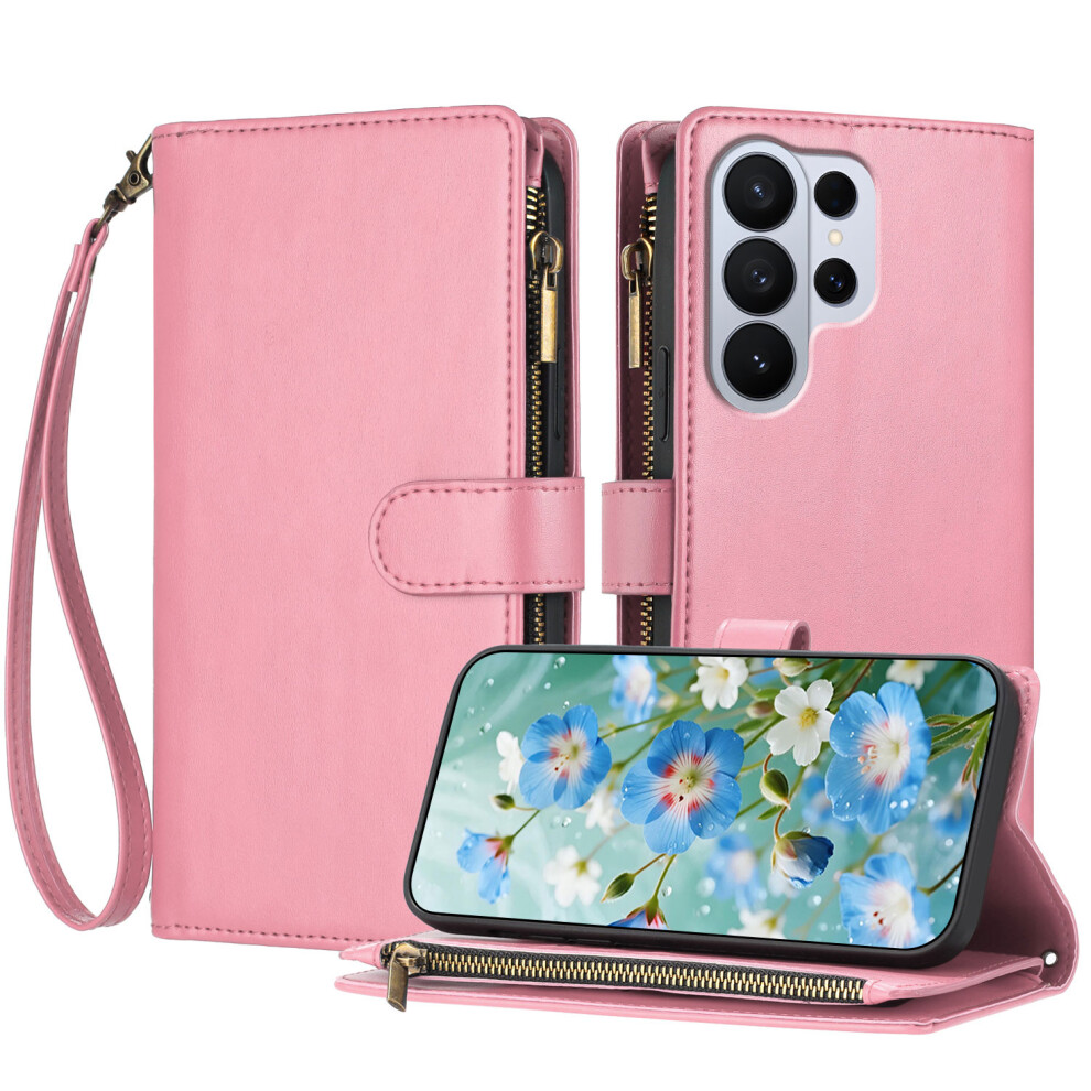 (Pink) For Samsung Galaxy S26 Ultra Leather Case Zipper Wallet Stand Shockproof Phone Cover With Wrist Strap Pink 6914291152901