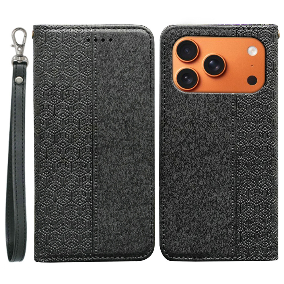 (Black) For Iphone 17 Pro Wallet Phone Case Checkered Pattern Imprint Leather Flip Cover With Wrist Strap Black 6914298157411
