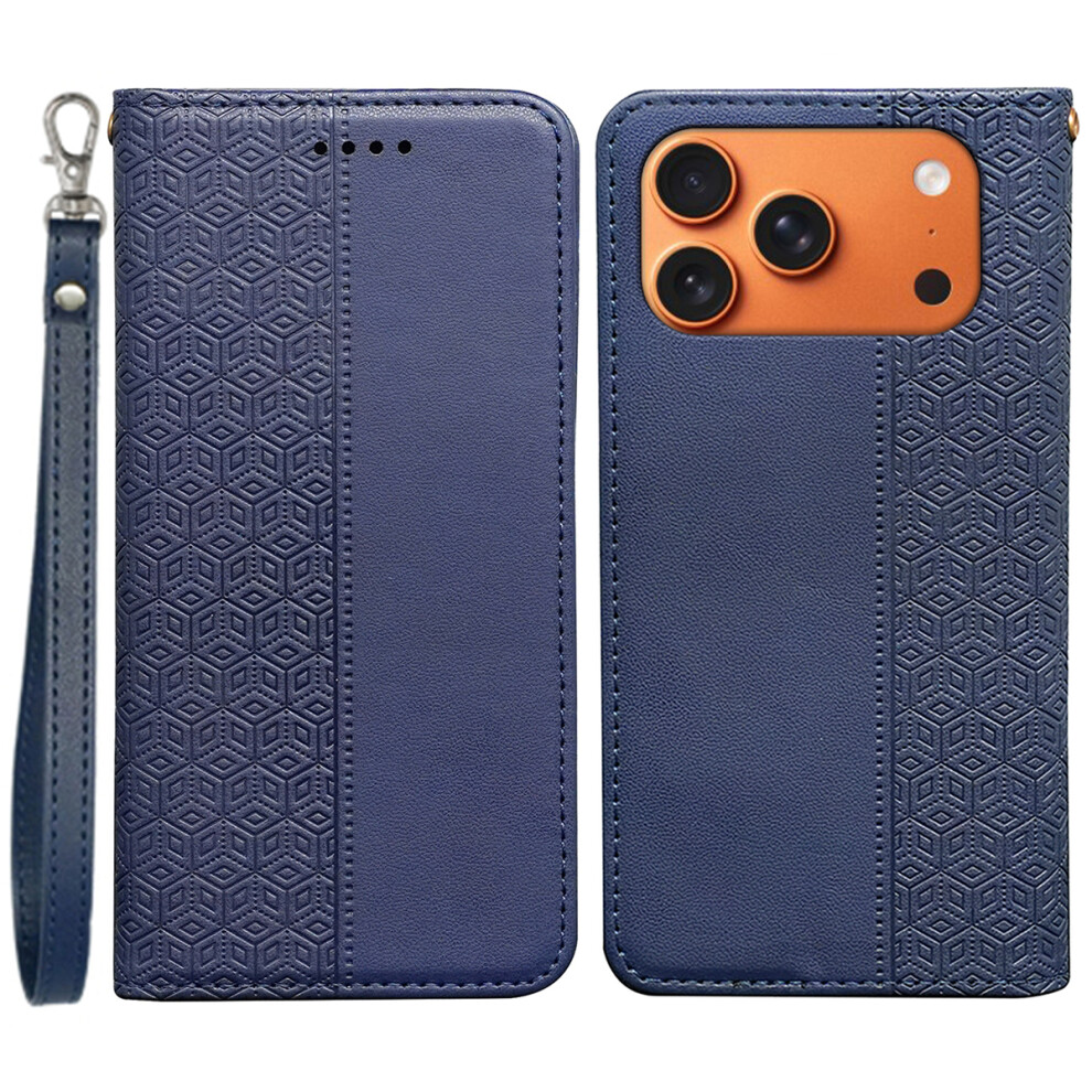 (Blue) For Iphone 17 Pro Wallet Phone Case Checkered Pattern Imprint Leather Flip Cover With Wrist Strap Blue 6914296140972