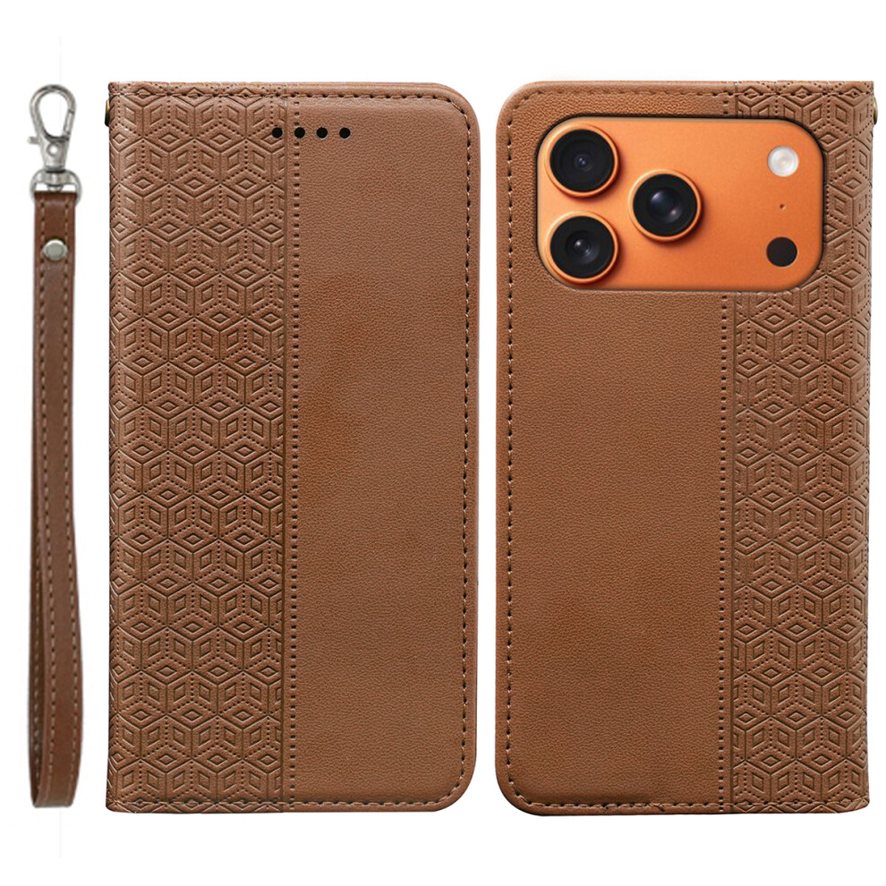 (Brown) For Iphone 17 Pro Wallet Phone Case Checkered Pattern Imprint Leather Flip Cover With Wrist Strap Brown 6914297839240