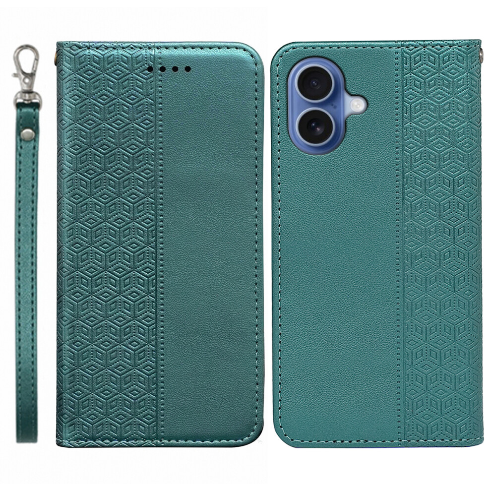 (Green) For Iphone 17 Wallet Phone Case Checkered Pattern Imprint Leather Flip Cover With Wrist Strap Green 6914293010865