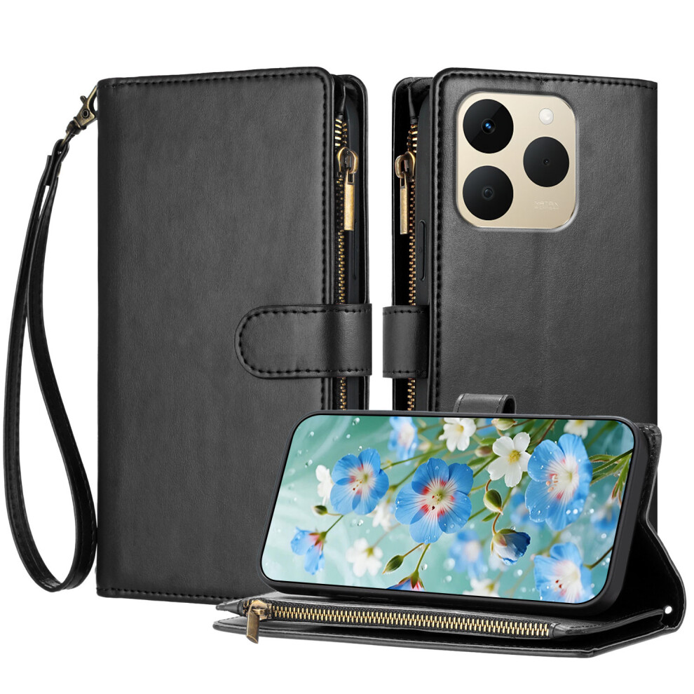 (Black) For Realme 15T 5G Leather Case Zipper Wallet Stand Shockproof Phone Cover With Wrist Strap Black 6914293913531