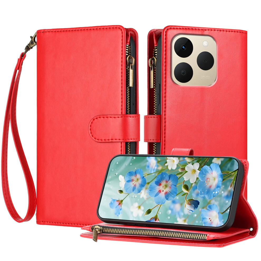 (Red) For Realme 15T 5G Leather Case Zipper Wallet Stand Shockproof Phone Cover With Wrist Strap Red 6914291327330