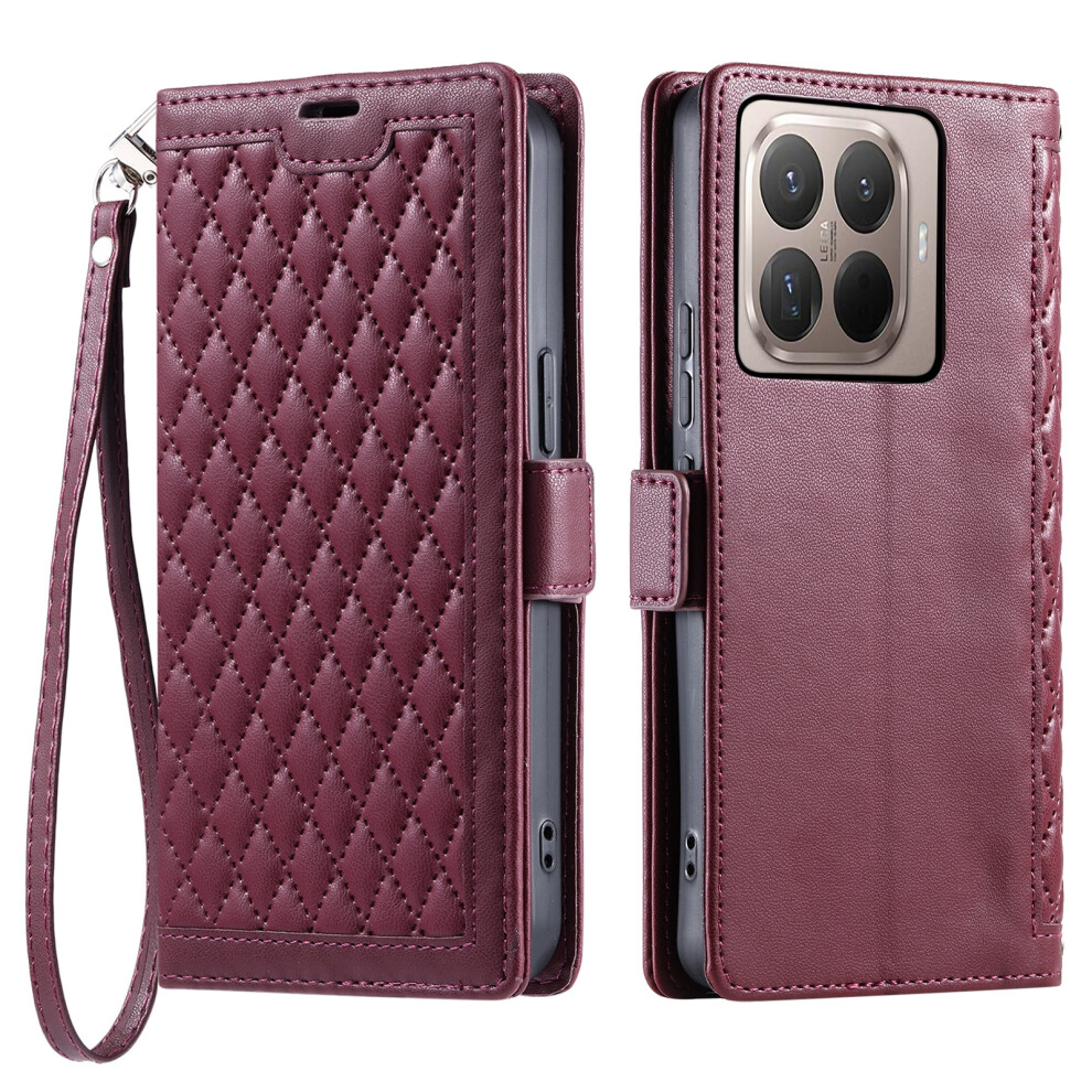(Wine ) For Xiaomi 15T Pro Leather Case Rhombus Texture Wallet Stand Phone Cover With Wrist Strap Red 6914293340610