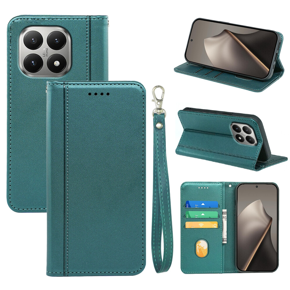 (Green) For Xiaomi 15T Wallet Case Magnetic Closing Pu Leather Phone Cover With Wrist Strap Green 6914291407056