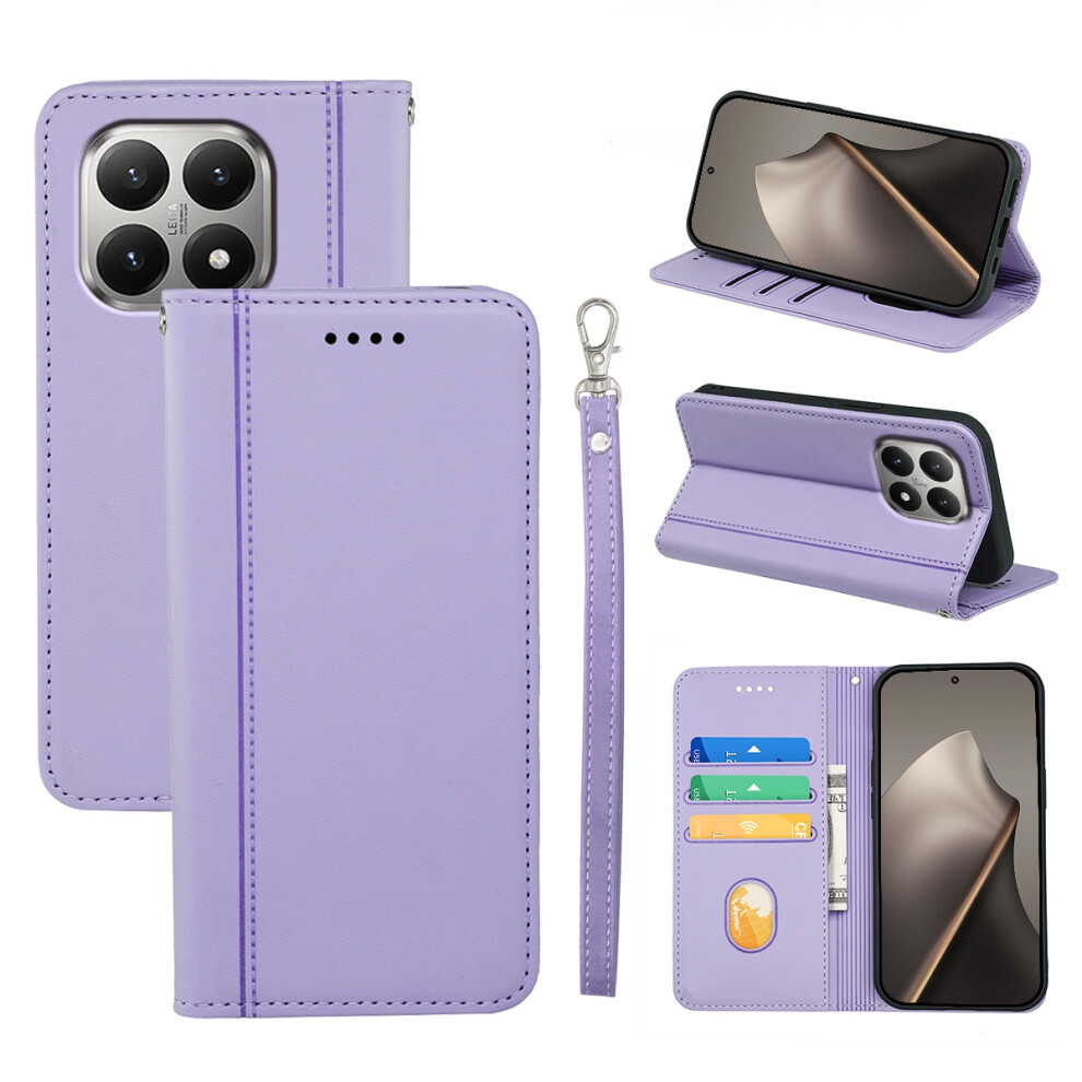 (Purple) For Xiaomi 15T Wallet Case Magnetic Closing Pu Leather Phone Cover With Wrist Strap Purple 6914292263804