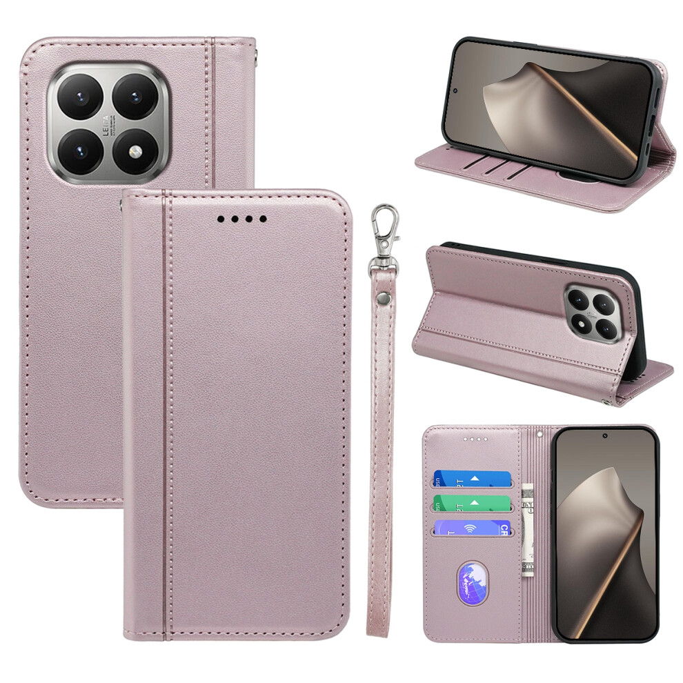 (Rose ) For Xiaomi 15T Wallet Case Magnetic Closing Pu Leather Phone Cover With Wrist Strap Gold 6914292440151