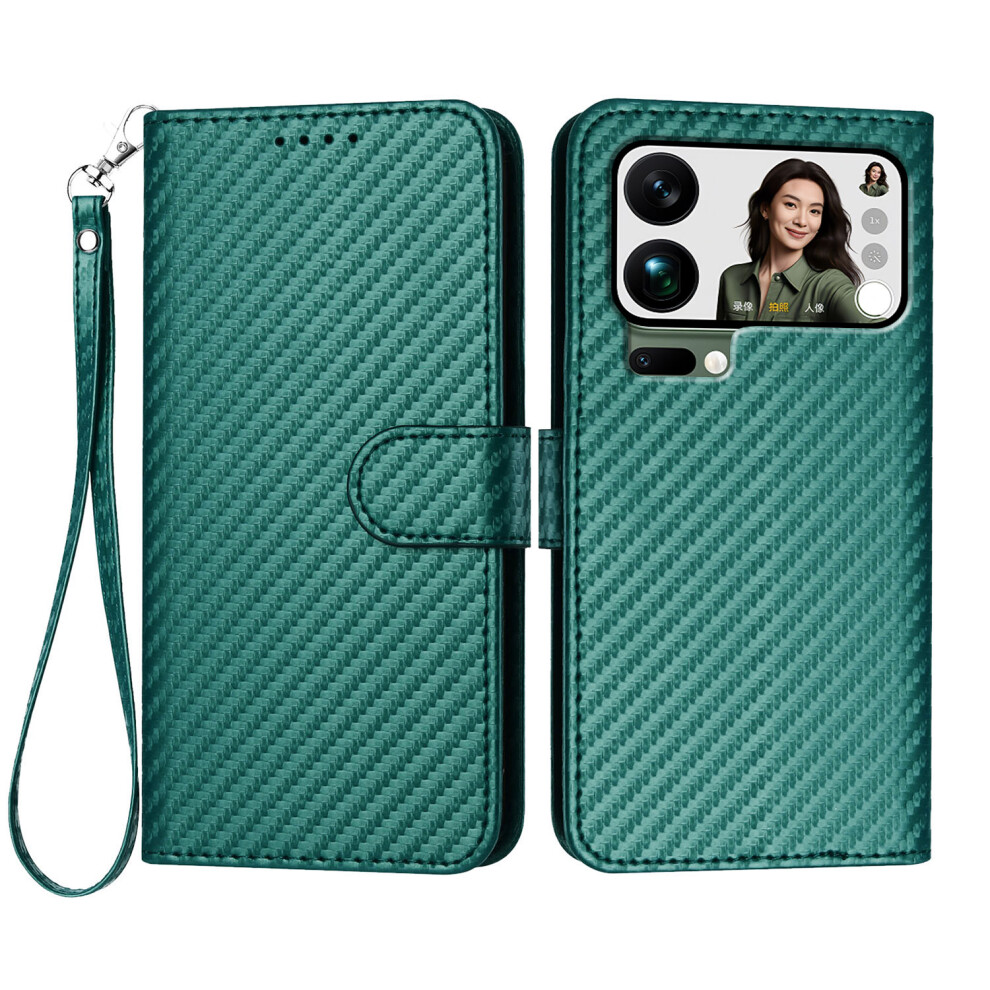 (Blackish ) For Xiaomi 17 Pro Max Wallet Case With Strap Carbon Fiber Texture Leather Mobile Cover Green 6914293018106
