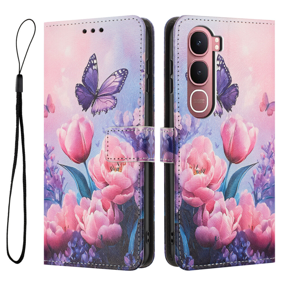 ( Flower Butterfly) For Vivo Y21d / Vivo Y31 5G Wallet Case Pattern Printing Pu Leather Phone Cover With Lanyard Pink 6914297712017