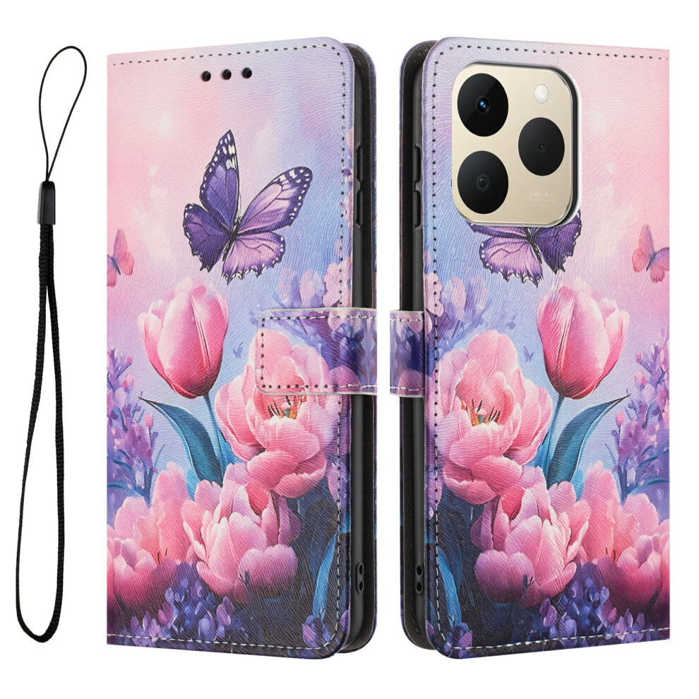 ( Flower Butterfly) For Realme 15T 5G Wallet Case Pattern Printing Pu Leather Phone Cover With Lanyard Pink 6914291608248