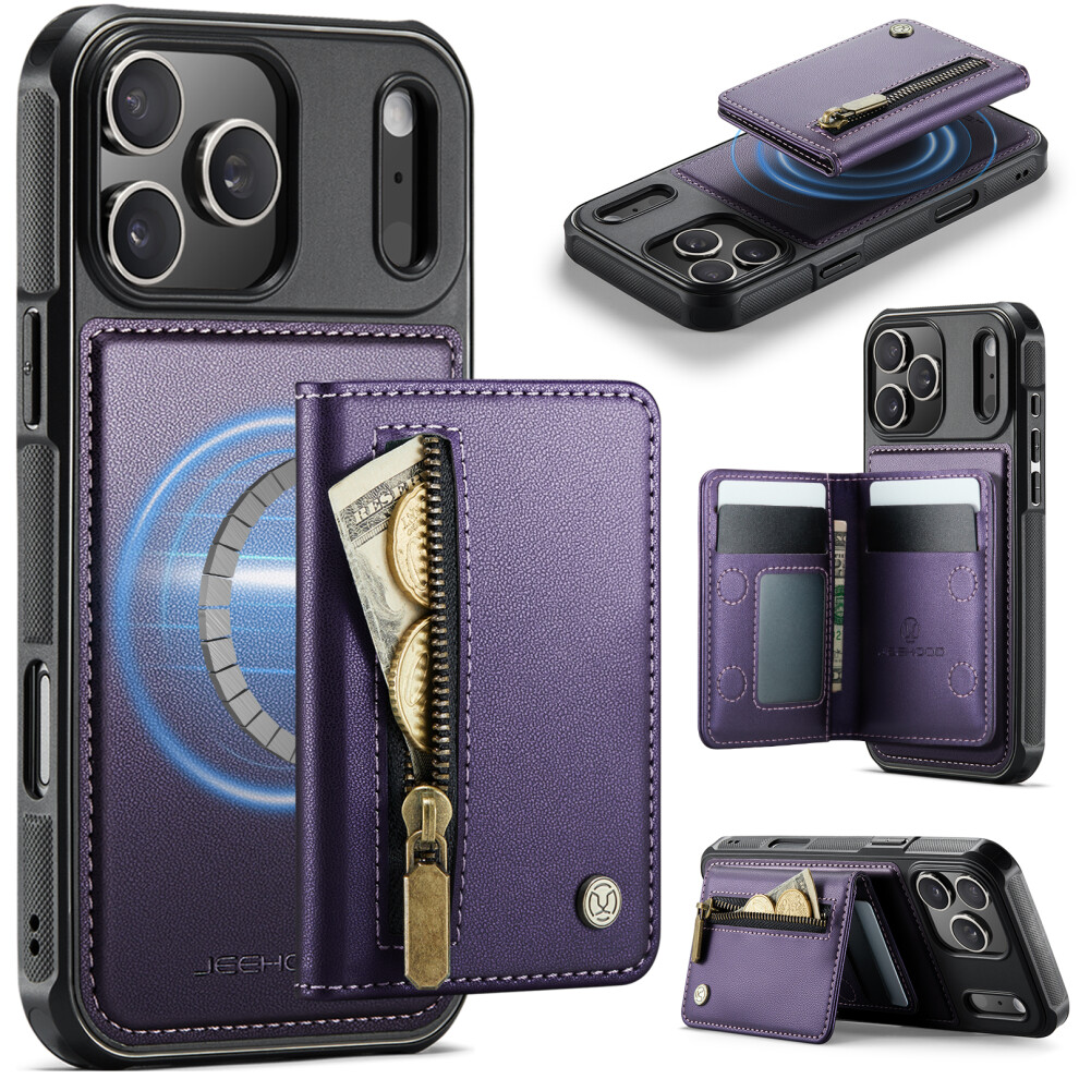 (Purple) Jeehood For Iphone 17 Pro Case J12 Magnetic Detachable Zipper Wallet Kickstand Leather Back Cover Compatible With Mags Purple 6914290595242