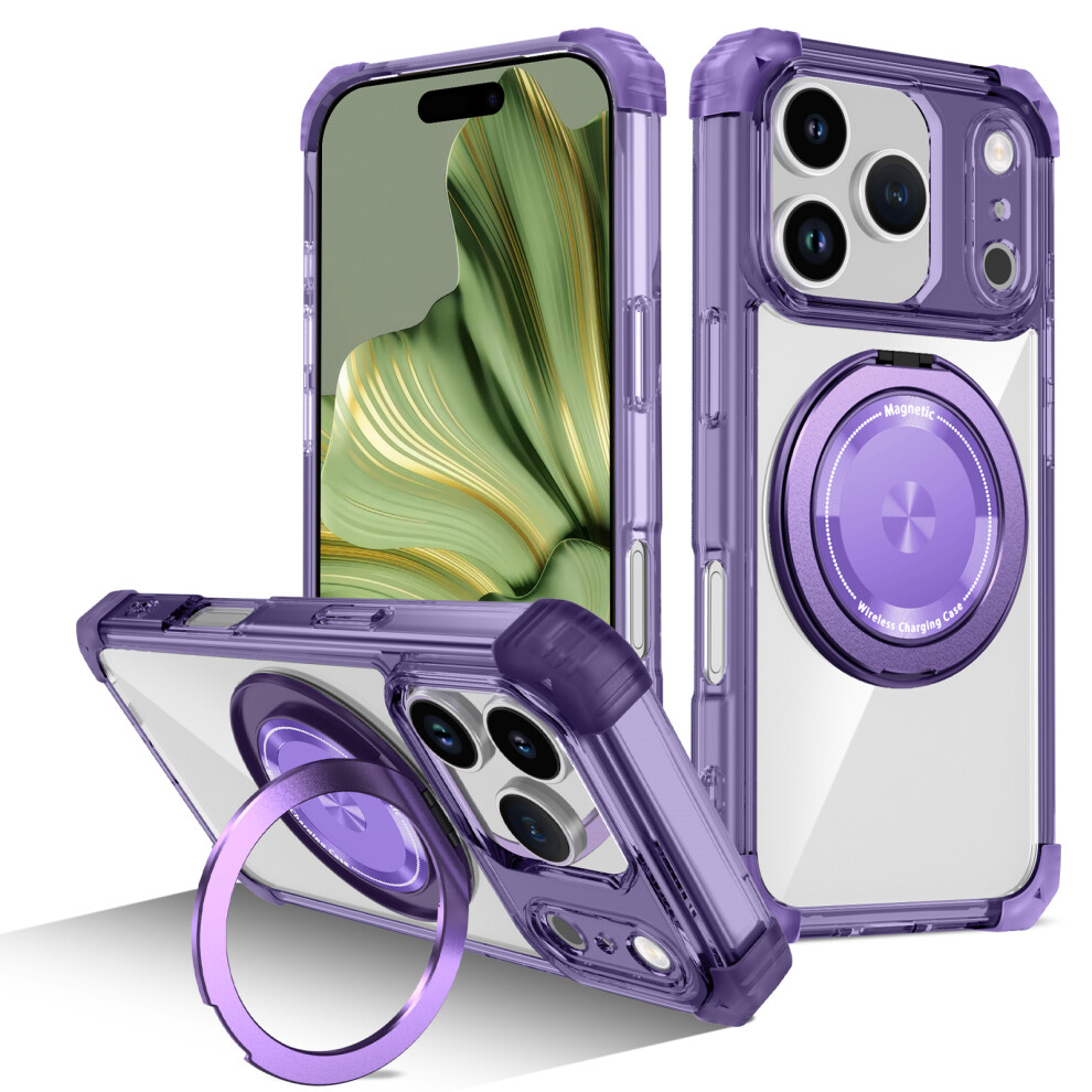 (Transparent ) For Iphone 17 Pro Case Compatible With Magsafe Rotating Kickstand Pc + Tpu Back Cover Purple 6914295990943