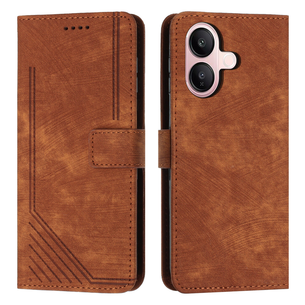 (Brown) For Vivo V60 Lite 4G / Vivo V60 Lite 5G Stand Case Imprinted Lines Leather Phone Cover Brown 6914290223992
