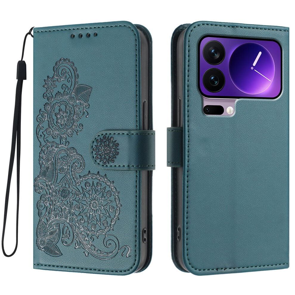 (Blackish ) For Xiaomi 17 Pro Phone Cases Mandala Flower Leather Wallet Mobile Cover With Strap Green 6914299877264